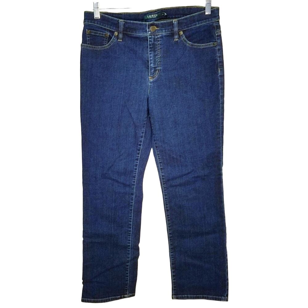 Lauren Ralph Lauren Straight Leg High Rise Denim Jeans Leather Logo Patch Sz 12